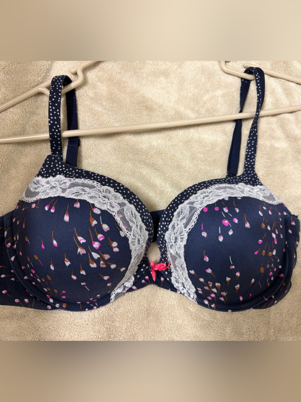 Victoria's Secret Navy Push-Up Bra with White Lace & Pink Floral Accents